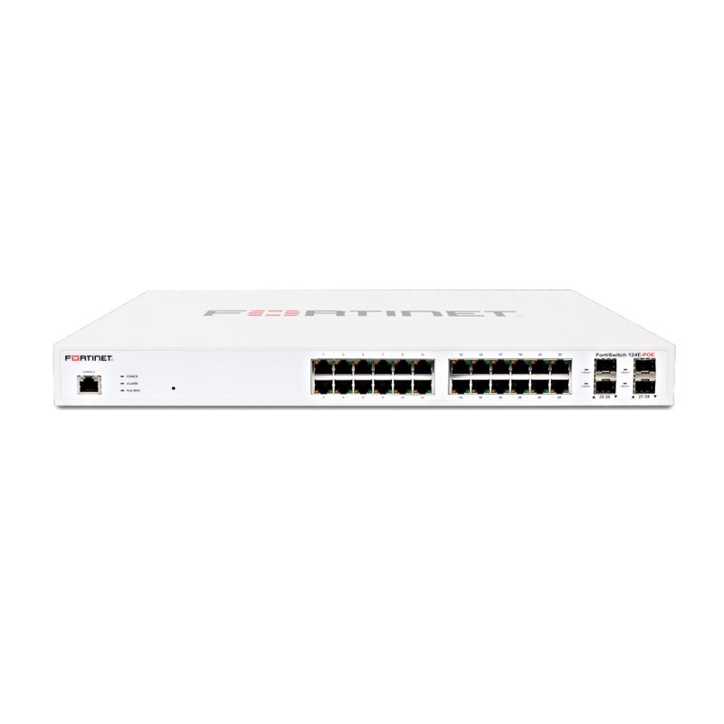 FS-124E-POE- Fortinet Layer 2 managed POE  24x GE RJ45 and 4x GE SFP 1 RU Rack Mount 185W Switch